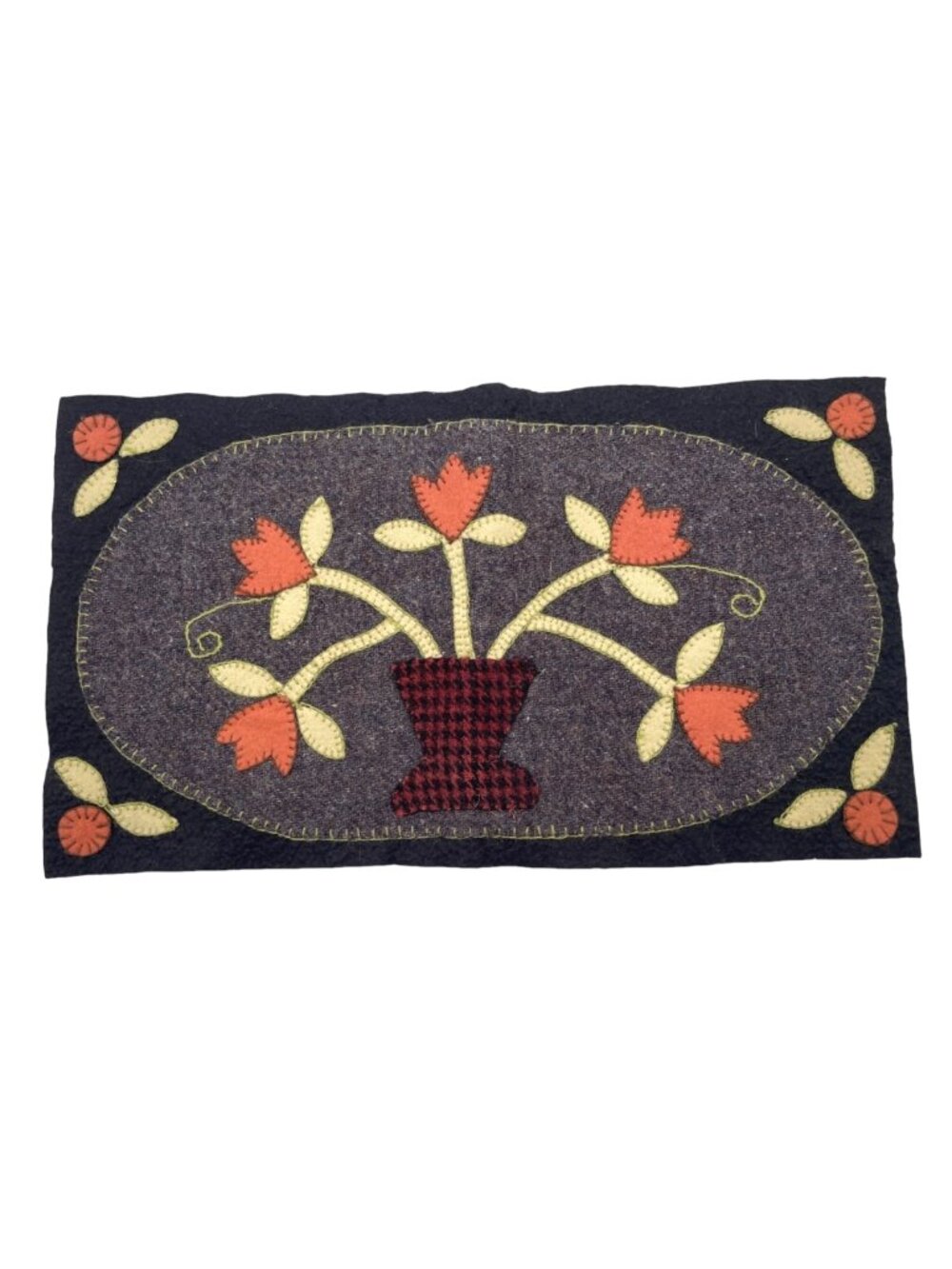 Vtg Handmade Folk Art Primitive Wool Appliqué Mat Tulips Flower Basket 15" x 8"